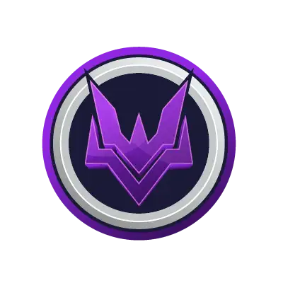 Emblema circular morado y plateado con un diseño estilizado de 'w' con alas.